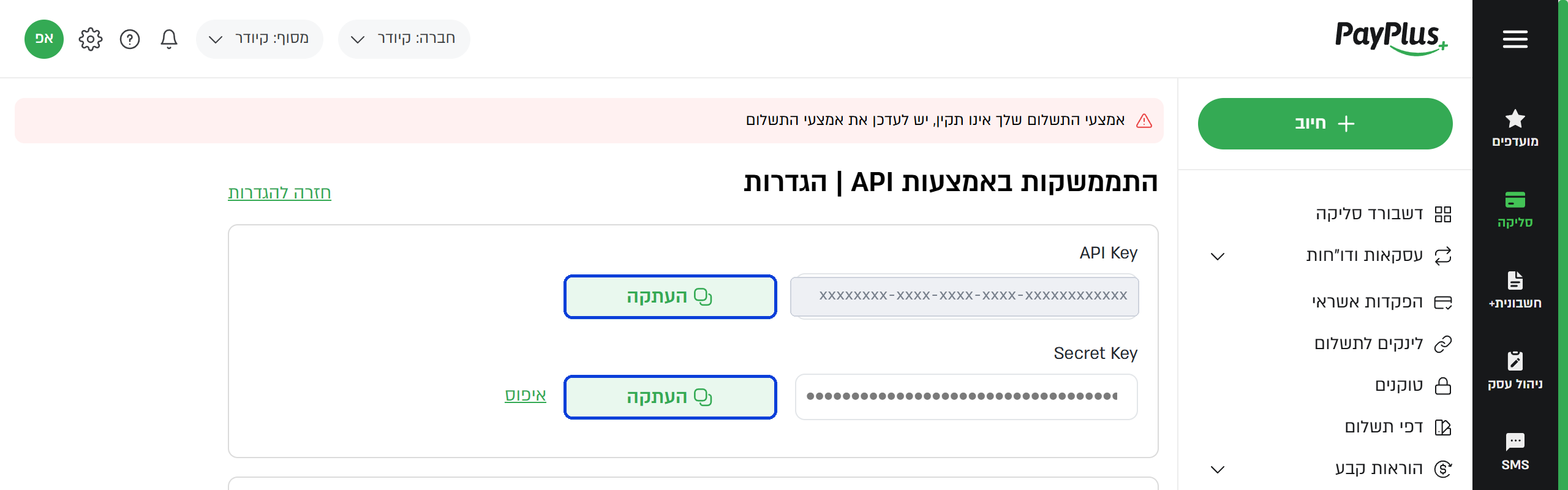 המסך שבו נמצאים שני המפתחות. ה‑API Key מוסתר כאן בכוונה; אצלכם יופיע הערך האמיתי. כפתורי ההעתקה מסומנים.
